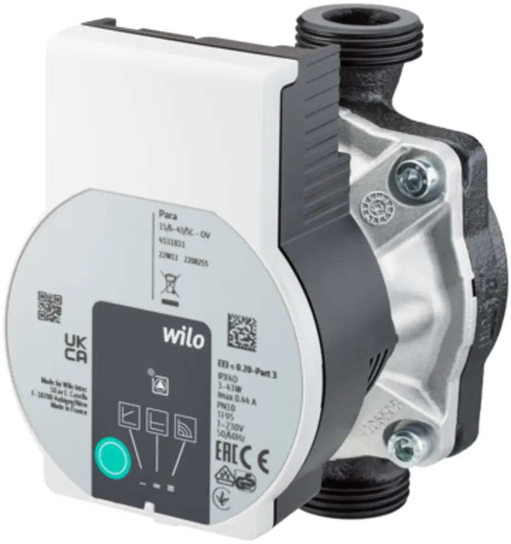Kreiselpumpe Wilo Para 25-180/6-43/SC, schwarz-weiß, mit rundem Bedienfeld, grüner Taste und mehreren Symbolen. Aufschrift: Wilo, Para 15/6-43/SC-OV.